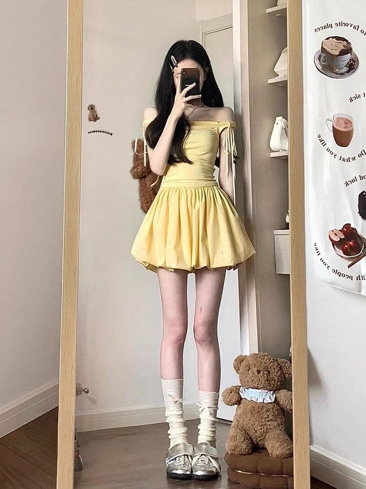 거위 옐로우 나비 넥타이 슬립 여성 드레스 여름 첫사랑 달콤함 디자인 센스 한 마디 꽃밭 퍼프 미니 스커트 이미지 4