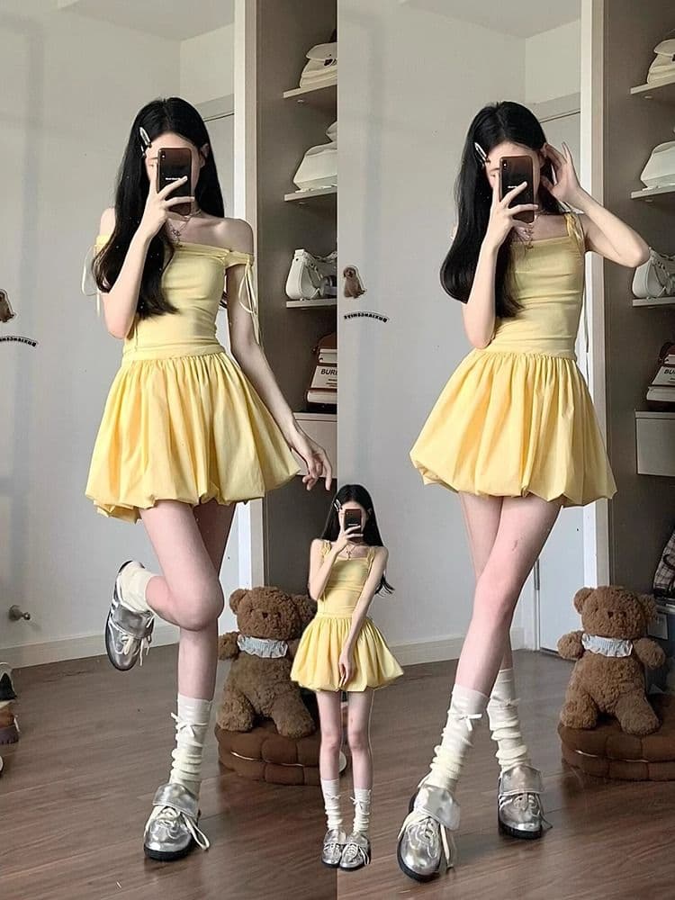 거위 옐로우 나비 넥타이 슬립 여성 드레스 여름 첫사랑 달콤함 디자인 센스 한 마디 꽃밭 퍼프 미니 스커트 이미지 2