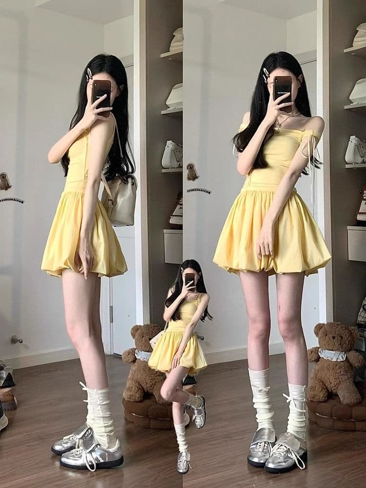 거위 옐로우 나비 넥타이 슬립 여성 드레스 여름 첫사랑 달콤함 디자인 센스 한 마디 꽃밭 퍼프 미니 스커트 상세 이미지 3