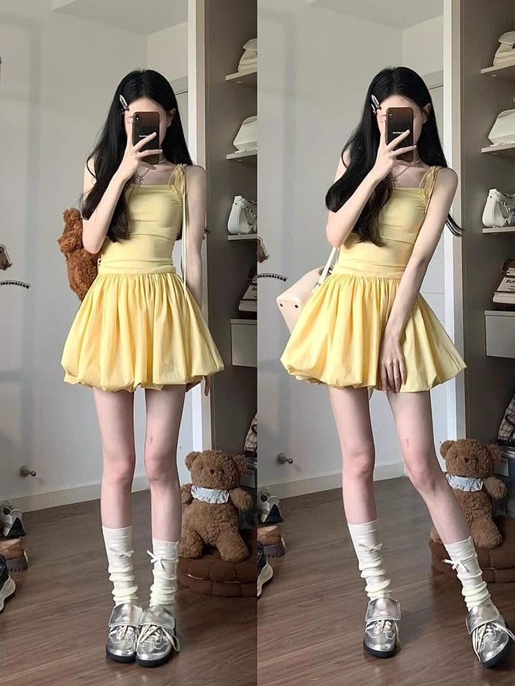 거위 옐로우 나비 넥타이 슬립 여성 드레스 여름 첫사랑 달콤함 디자인 센스 한 마디 꽃밭 퍼프 미니 스커트 상세 이미지 6