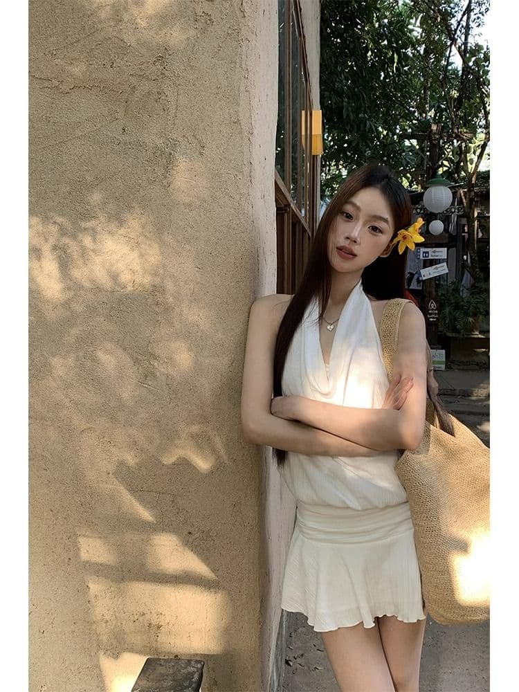 화이트 여성 드레스 여름 2026 새로운 행침 목 슬립 프랑스식 작은 키 고급 센스 슬림해 보이는 타이트 스커트 짧은 치마 이미지 4