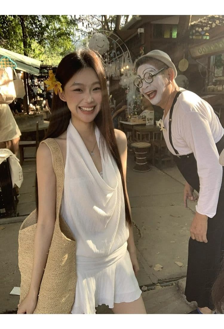 화이트 여성 드레스 여름 2026 새로운 행침 목 슬립 프랑스식 작은 키 고급 센스 슬림해 보이는 타이트 스커트 짧은 치마 상세 이미지 3