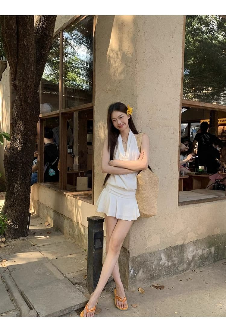 화이트 여성 드레스 여름 2026 새로운 행침 목 슬립 프랑스식 작은 키 고급 센스 슬림해 보이는 타이트 스커트 짧은 치마 상세 이미지 5