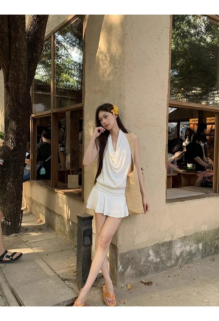 화이트 여성 드레스 여름 2026 새로운 행침 목 슬립 프랑스식 작은 키 고급 센스 슬림해 보이는 타이트 스커트 짧은 치마 상세 이미지 6