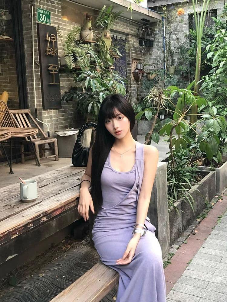 고유 한 아름다운 작은 대중 아니요 명중 섹션 보라색 민소매 행침 목 슬립 롱 스커트 드레스 아이들 여름 2026 새로운 상세 이미지 5