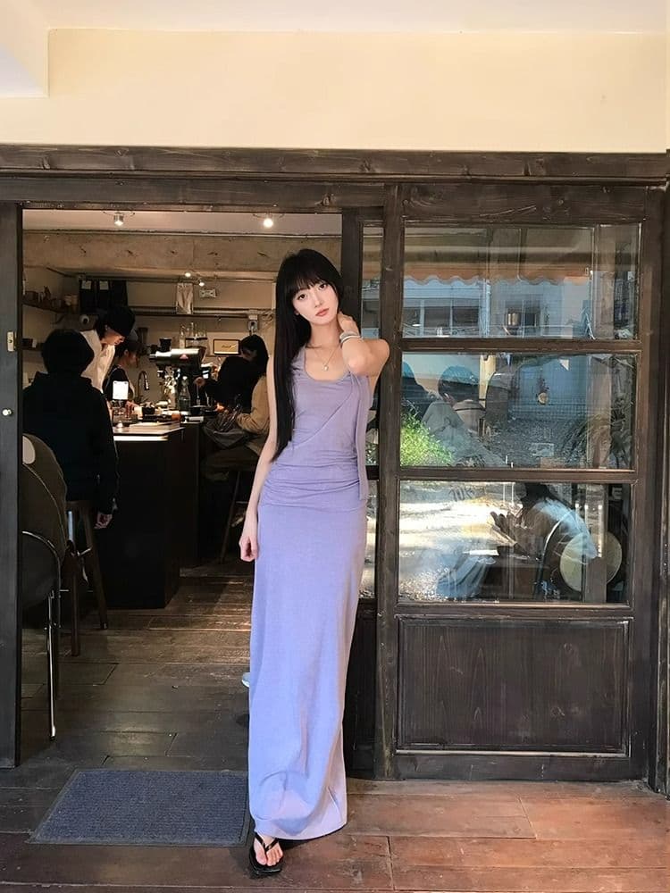 고유 한 아름다운 작은 대중 아니요 명중 섹션 보라색 민소매 행침 목 슬립 롱 스커트 드레스 아이들 여름 2026 새로운 상세 이미지 7