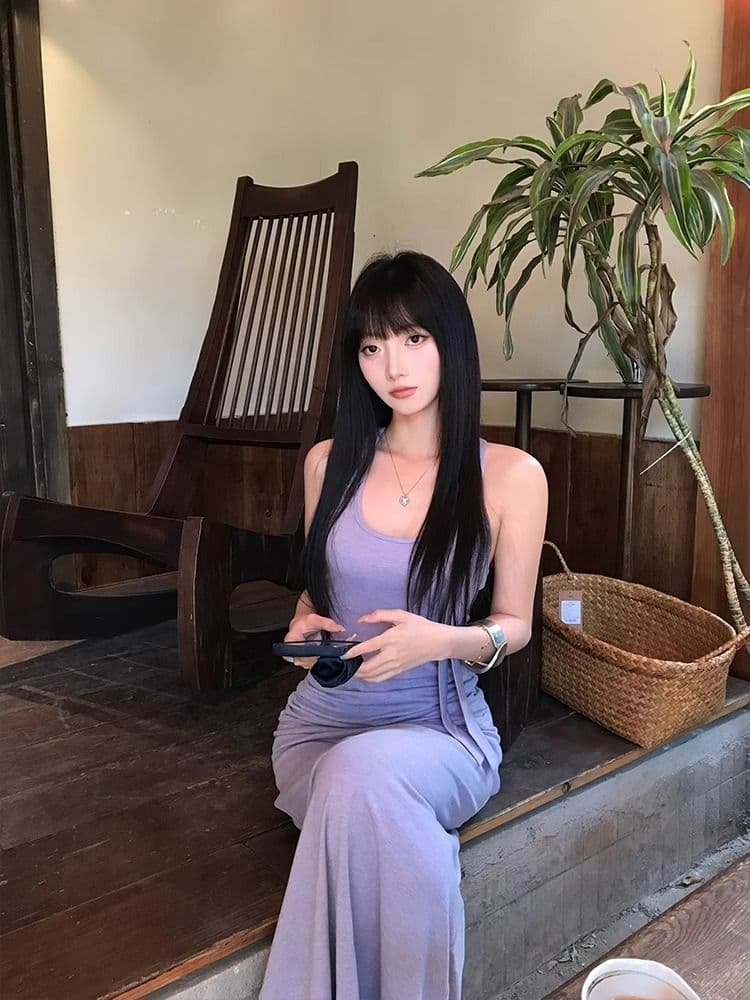고유 한 아름다운 작은 대중 아니요 명중 섹션 보라색 민소매 행침 목 슬립 롱 스커트 드레스 아이들 여름 2026 새로운 상세 이미지 14