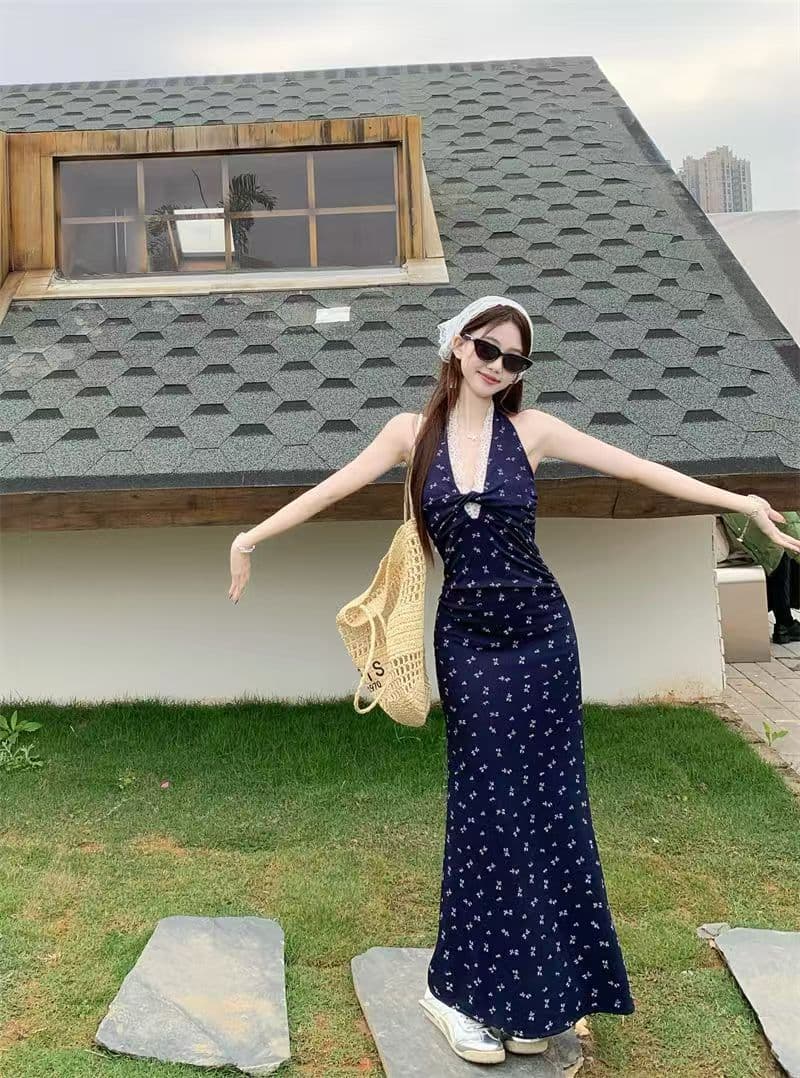 순수한 욕망 핫걸 백리스 꽃무늬 행침 목 여성 드레스 여름 새로운 허리 수축 슬림해 보이는 레이스 조각 타이트 스커트 롱 스커트 상세 이미지 3