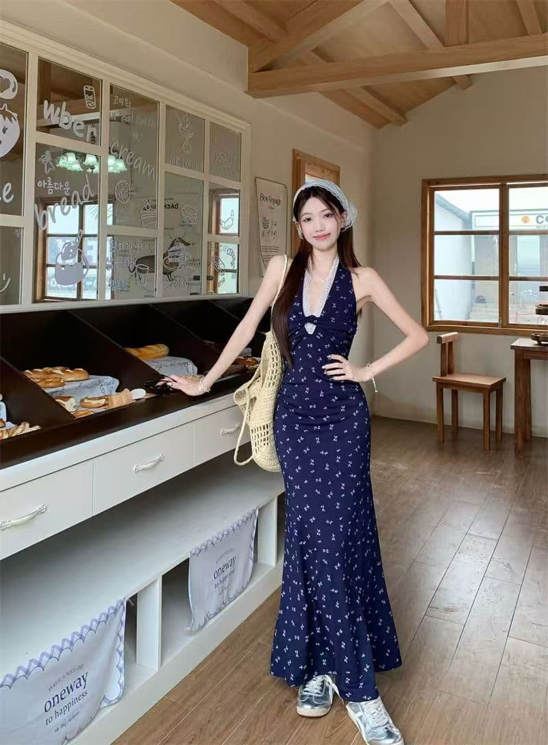 순수한 욕망 핫걸 백리스 꽃무늬 행침 목 여성 드레스 여름 새로운 허리 수축 슬림해 보이는 레이스 조각 타이트 스커트 롱 스커트 상세 이미지 7