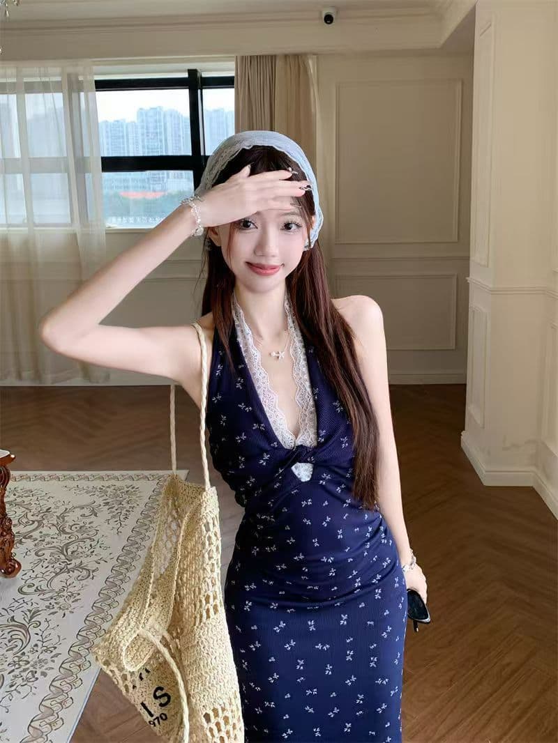 순수한 욕망 핫걸 백리스 꽃무늬 행침 목 여성 드레스 여름 새로운 허리 수축 슬림해 보이는 레이스 조각 타이트 스커트 롱 스커트 상세 이미지 8