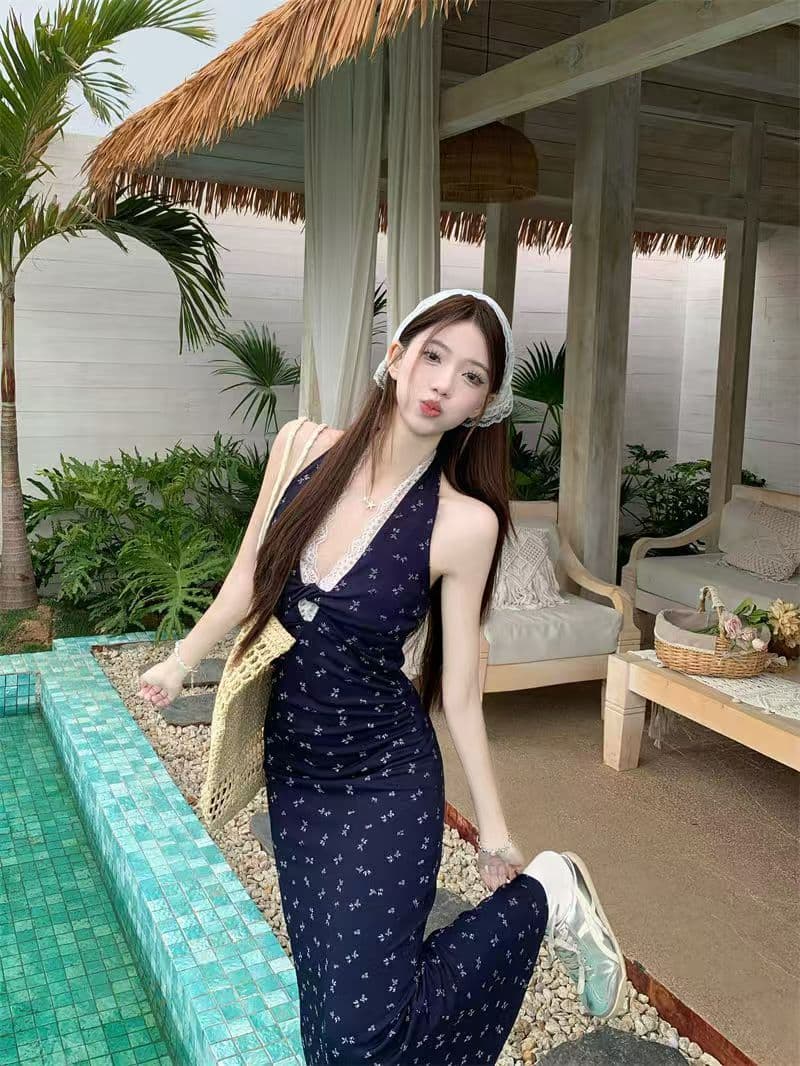 순수한 욕망 핫걸 백리스 꽃무늬 행침 목 여성 드레스 여름 새로운 허리 수축 슬림해 보이는 레이스 조각 타이트 스커트 롱 스커트 상세 이미지 9