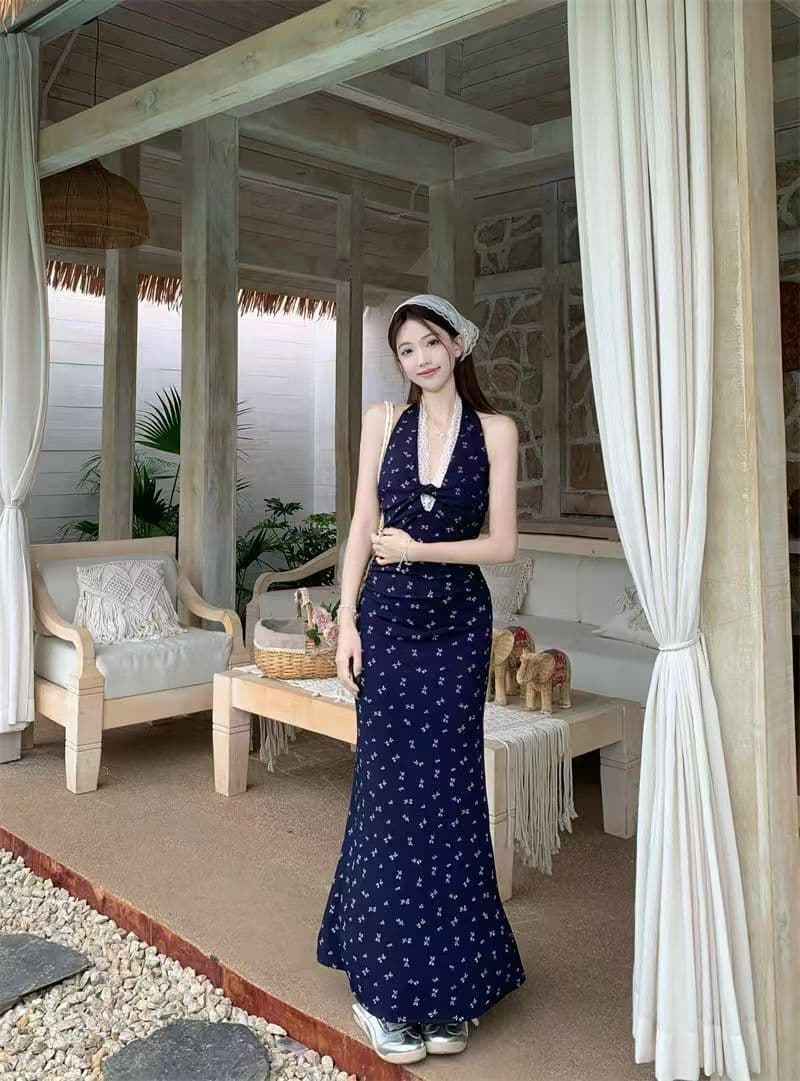 순수한 욕망 핫걸 백리스 꽃무늬 행침 목 여성 드레스 여름 새로운 허리 수축 슬림해 보이는 레이스 조각 타이트 스커트 롱 스커트 상세 이미지 11