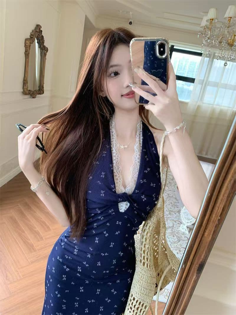 순수한 욕망 핫걸 백리스 꽃무늬 행침 목 여성 드레스 여름 새로운 허리 수축 슬림해 보이는 레이스 조각 타이트 스커트 롱 스커트 상세 이미지 15