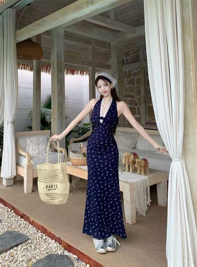 순수한 욕망 핫걸 백리스 꽃무늬 행침 목 여성 드레스 여름 새로운 허리 수축 슬림해 보이는 레이스 조각 타이트 스커트 롱 스커트 상세 이미지 16