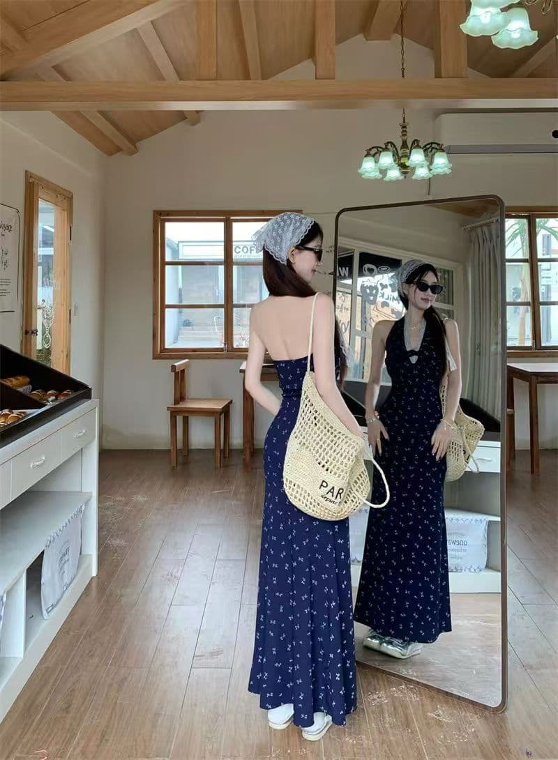 순수한 욕망 핫걸 백리스 꽃무늬 행침 목 여성 드레스 여름 새로운 허리 수축 슬림해 보이는 레이스 조각 타이트 스커트 롱 스커트 상세 이미지 18