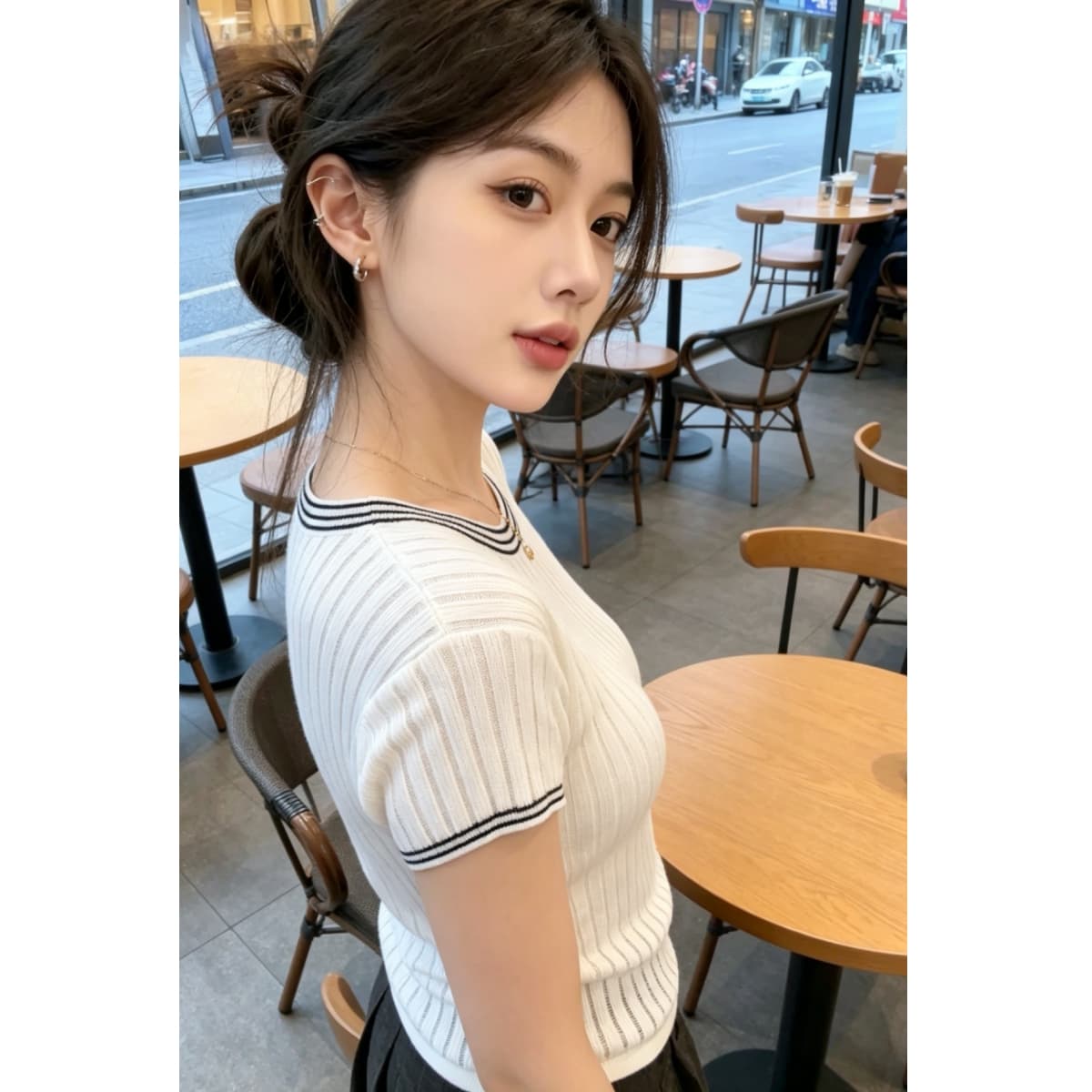 프랑스식 부드러운 바람 배색 스트라이프 라운드 넥 반팔 니트 스웨터 여성 몸매 가꾸기 슬림해 보이는 쇼트 스타일 디자인 센스 다용도 맨위 이미지 5