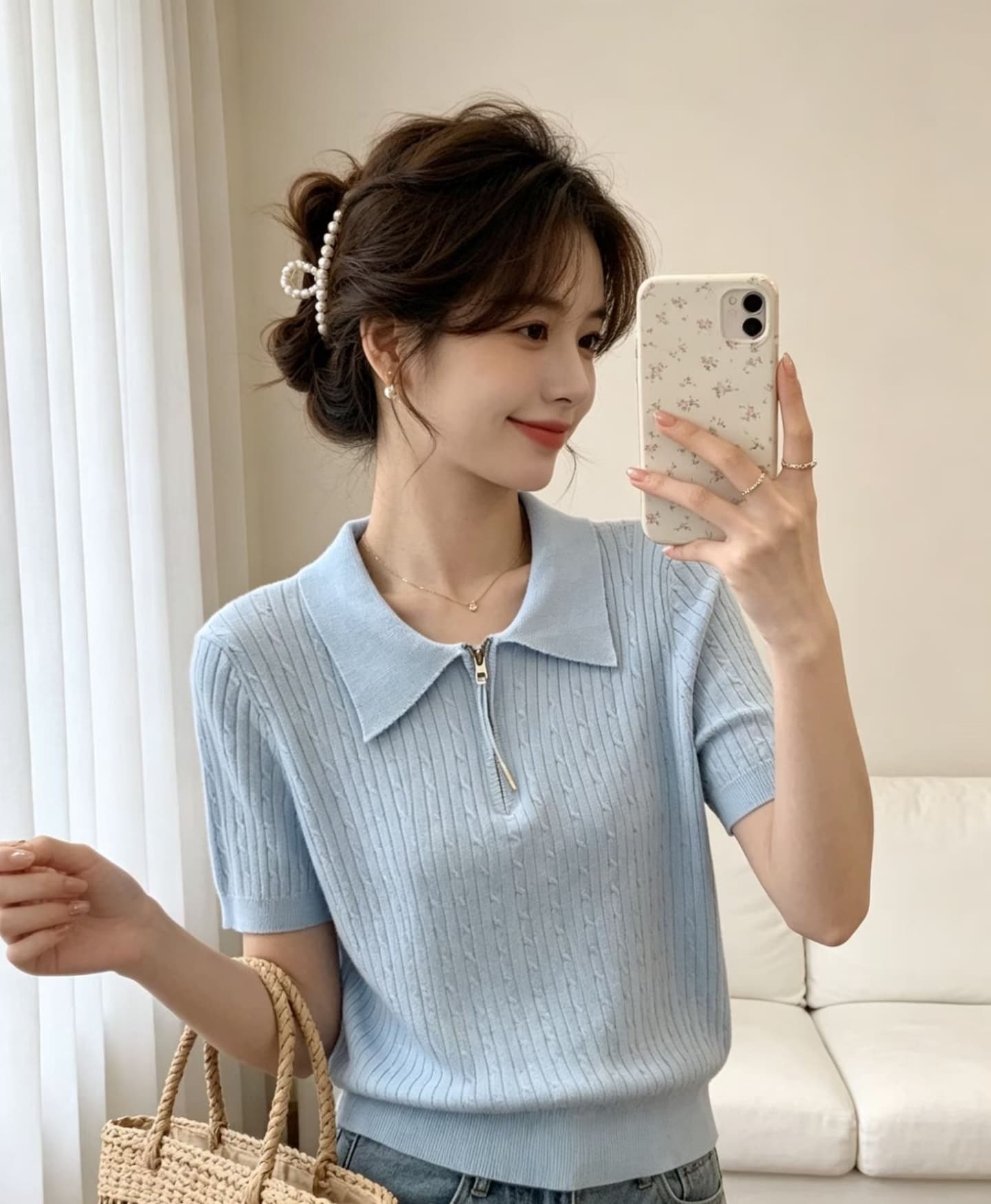 2026 패션 폴로 칼라 하프 지퍼 꽈배기 니트 풀오버 반팔 상세 이미지 4