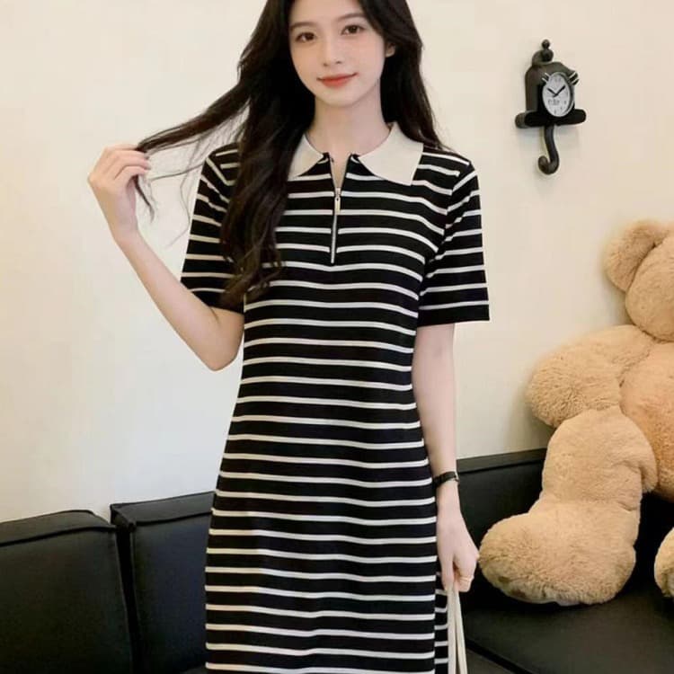 한국 스타일 스트라이프 드레스 여자 2026 년 여름 새로운 polo 폴로 칼라 루즈핏 슬림해 보이는 캐주얼 중간 길이 스커트