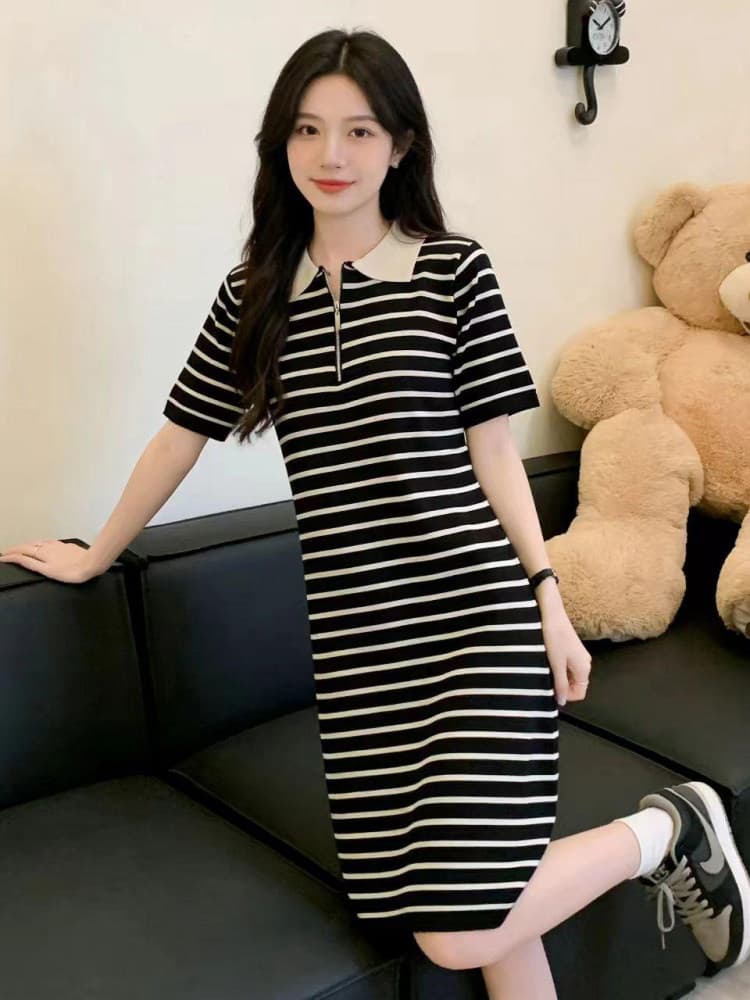 한국 스타일 스트라이프 드레스 여자 2026 년 여름 새로운 polo 폴로 칼라 루즈핏 슬림해 보이는 캐주얼 중간 길이 스커트 상세 이미지 4