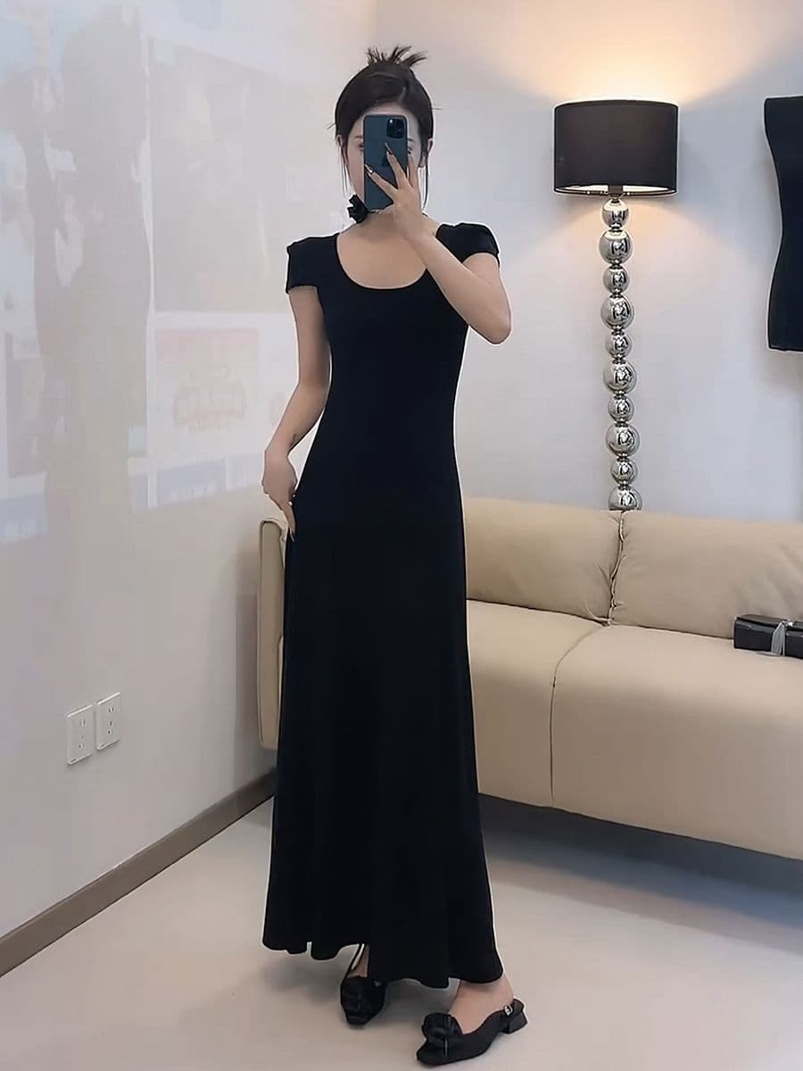 2026 새로운 프랑스식 차 휴식 광장 칼라 회색 점프 슈트 치마 여름 여성 의류 슬림해 보이는 타이트 스커트 착용 가져 가라. 몸매 가꾸기 롱 스커트 상세 이미지 2