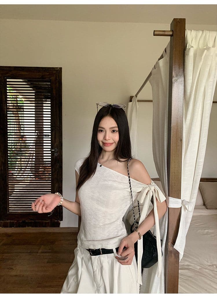 원본 대나무 마디 면 불규칙 비스듬한 어깨 반팔 티셔츠 여성 여름 몸매 가꾸기 슬림해 보이는 디자인 센스 오프숄더 맨위 상세 이미지 3