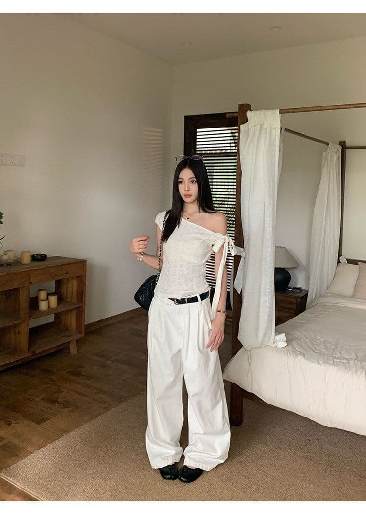 원본 대나무 마디 면 불규칙 비스듬한 어깨 반팔 티셔츠 여성 여름 몸매 가꾸기 슬림해 보이는 디자인 센스 오프숄더 맨위 상세 이미지 12