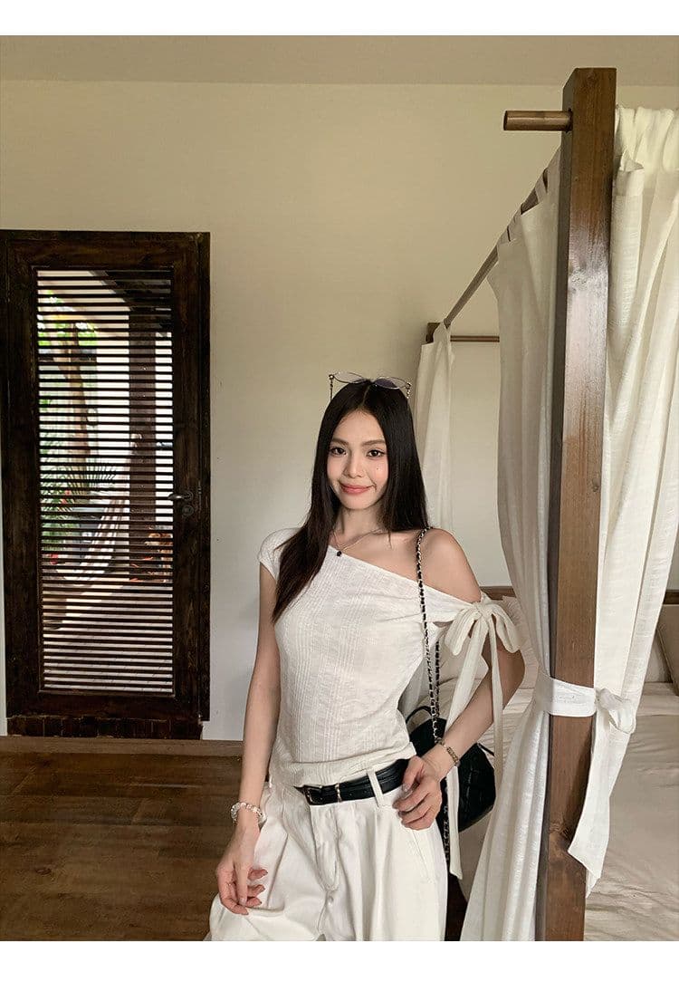 원본 대나무 마디 면 불규칙 비스듬한 어깨 반팔 티셔츠 여성 여름 몸매 가꾸기 슬림해 보이는 디자인 센스 오프숄더 맨위 상세 이미지 14