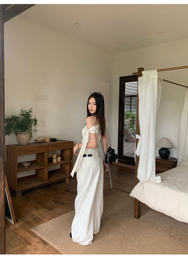 원본 대나무 마디 면 불규칙 비스듬한 어깨 반팔 티셔츠 여성 여름 몸매 가꾸기 슬림해 보이는 디자인 센스 오프숄더 맨위 상세 이미지 15