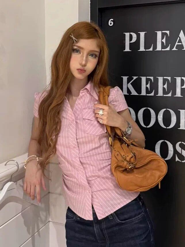 원본 컬러 짜임 그리드 핑크색 스트라이프 긍정적 인 어깨 꼬집기 허리 자르기 디자인 센스 반팔 셔츠 여름 맨위 상세 이미지 9