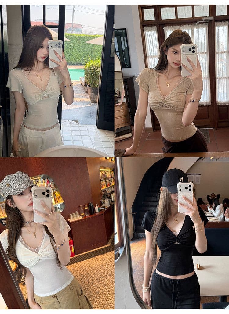 원본 원단 검정색 V넥 페이크 레이어드 반팔 레이스 비틀림 반팔 티셔츠 여성 몸매 가꾸기 슬림해 보이는 맨위 상세 이미지 2