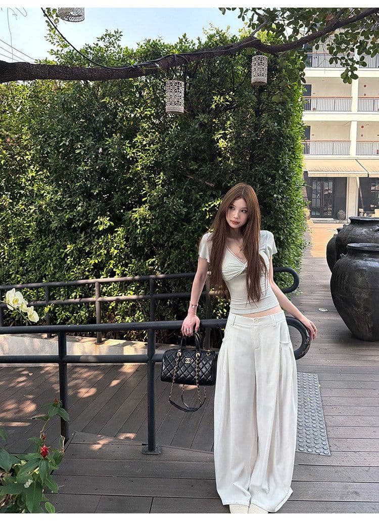 원본 원단 검정색 V넥 페이크 레이어드 반팔 레이스 비틀림 반팔 티셔츠 여성 몸매 가꾸기 슬림해 보이는 맨위 상세 이미지 30