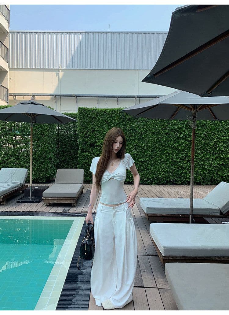 원본 원단 검정색 V넥 페이크 레이어드 반팔 레이스 비틀림 반팔 티셔츠 여성 몸매 가꾸기 슬림해 보이는 맨위 상세 이미지 31