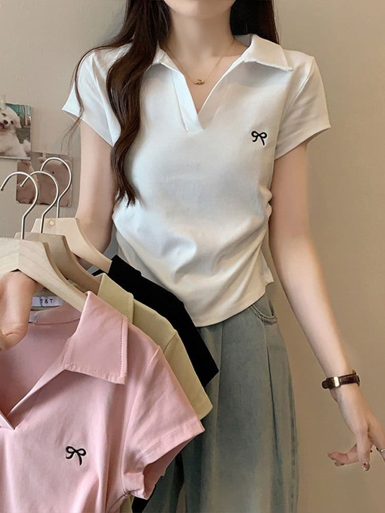 40 사람들 면 POLO 칼라 나비 핑크색 주름 허리 수축 달콤한 매운맛 긍정적 인 어깨 아름다운 새로운 맨위 상세 이미지 2