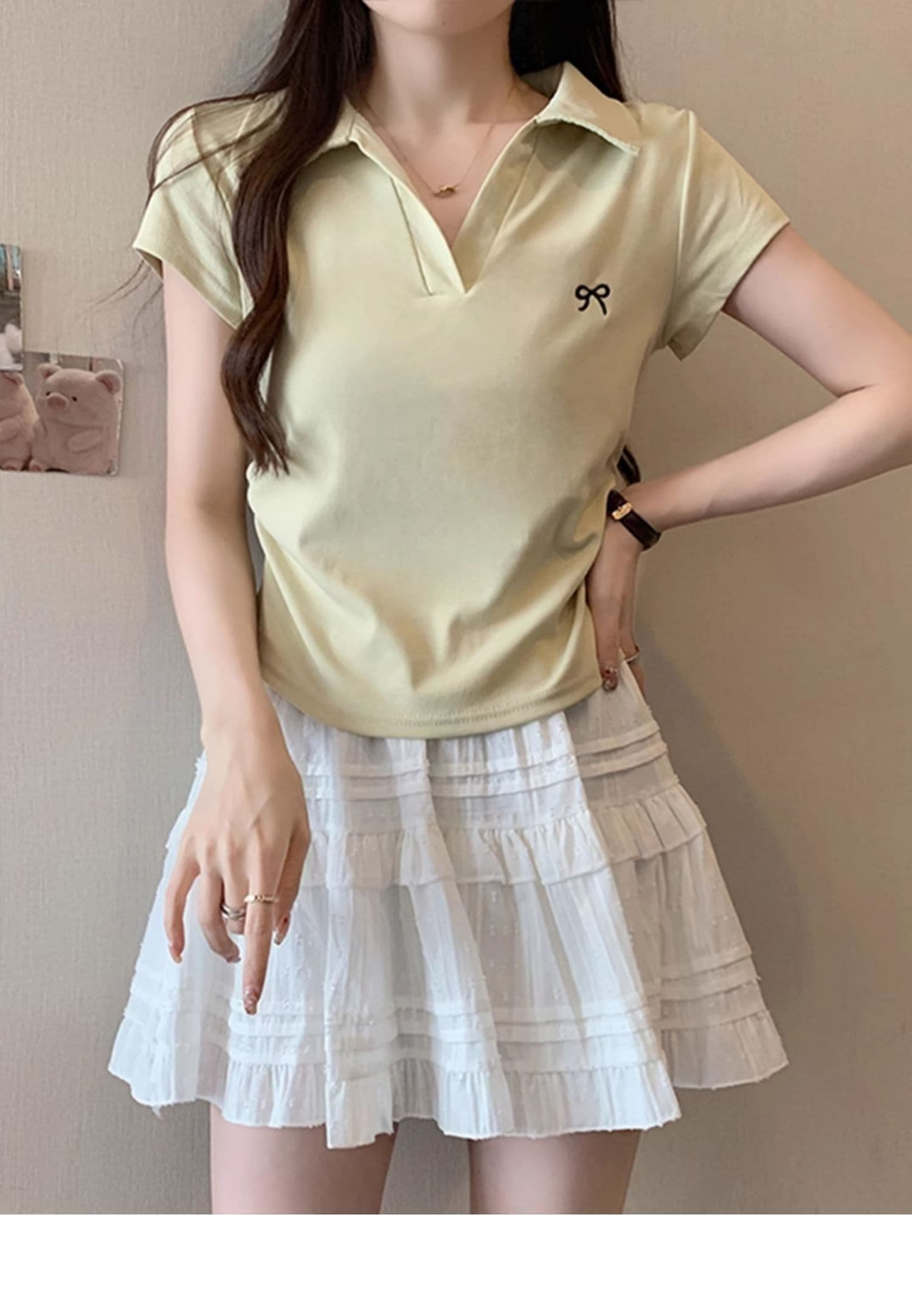 40 사람들 면 POLO 칼라 나비 핑크색 주름 허리 수축 달콤한 매운맛 긍정적 인 어깨 아름다운 새로운 맨위 상세 이미지 3