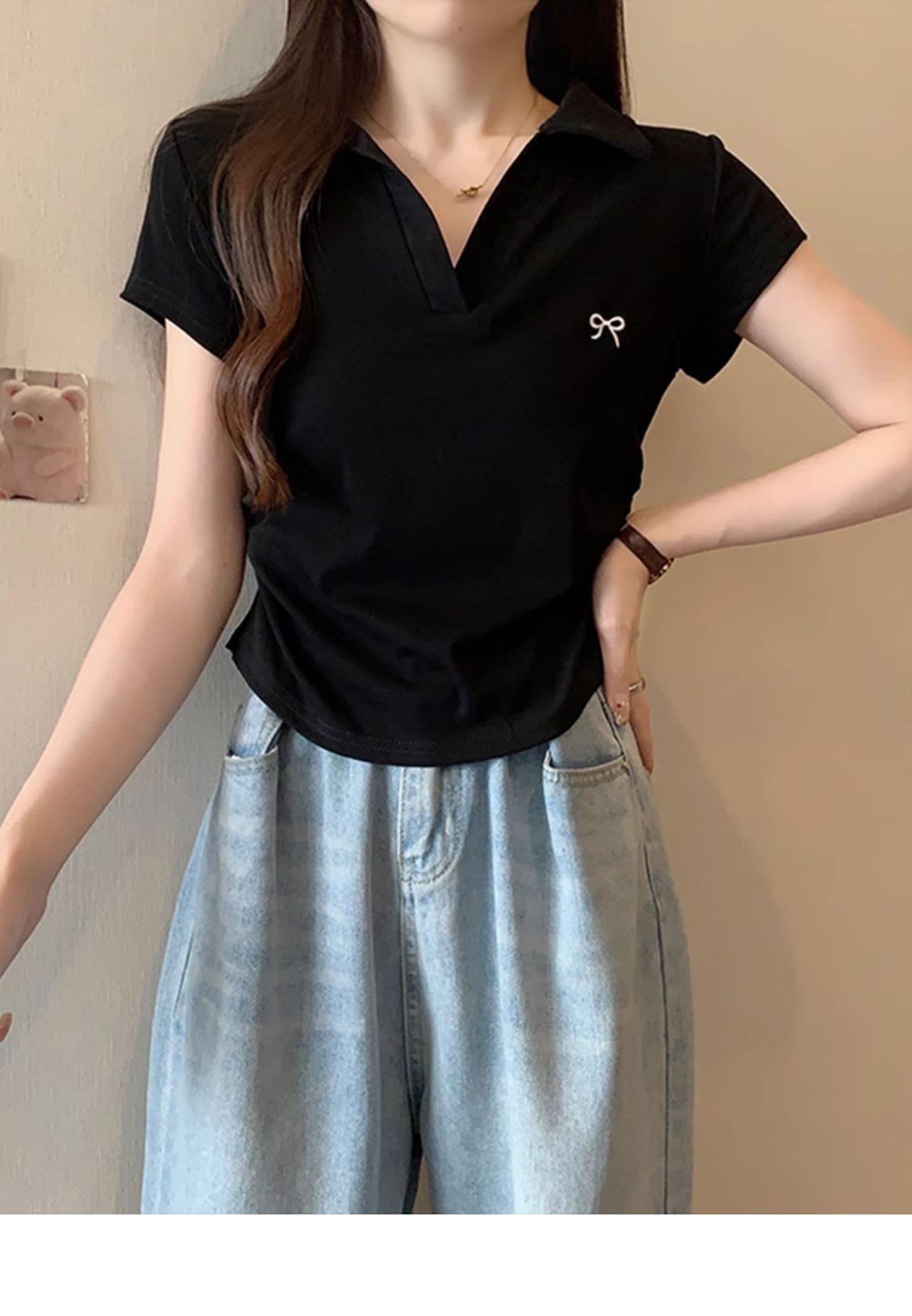 40 사람들 면 POLO 칼라 나비 핑크색 주름 허리 수축 달콤한 매운맛 긍정적 인 어깨 아름다운 새로운 맨위 상세 이미지 4