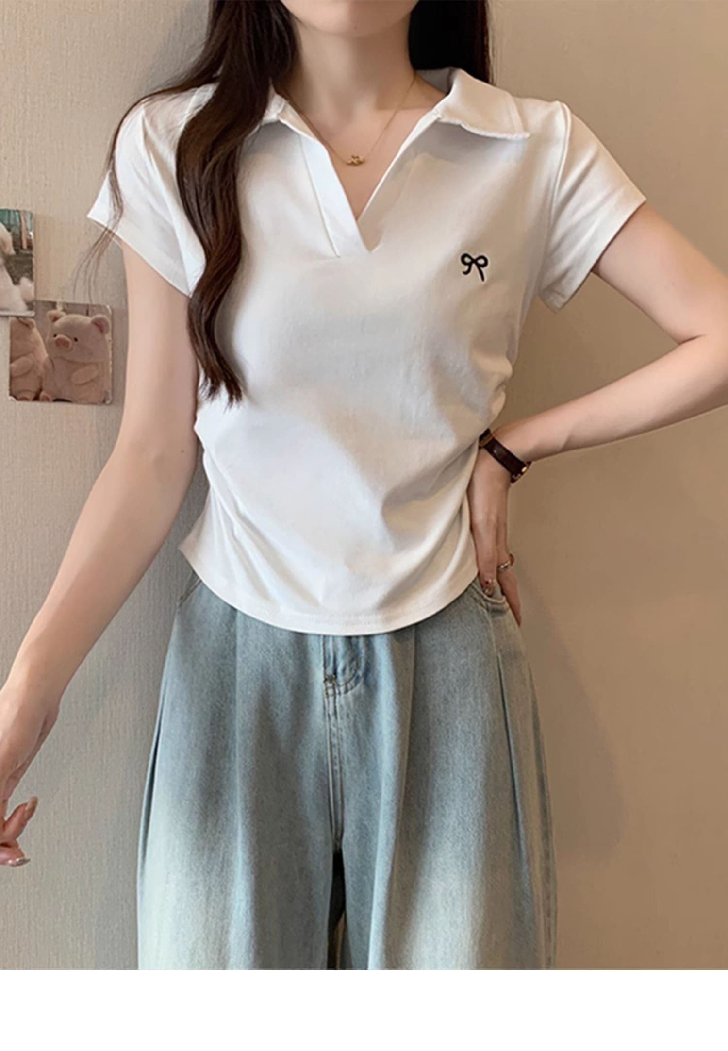 40 사람들 면 POLO 칼라 나비 핑크색 주름 허리 수축 달콤한 매운맛 긍정적 인 어깨 아름다운 새로운 맨위 상세 이미지 5