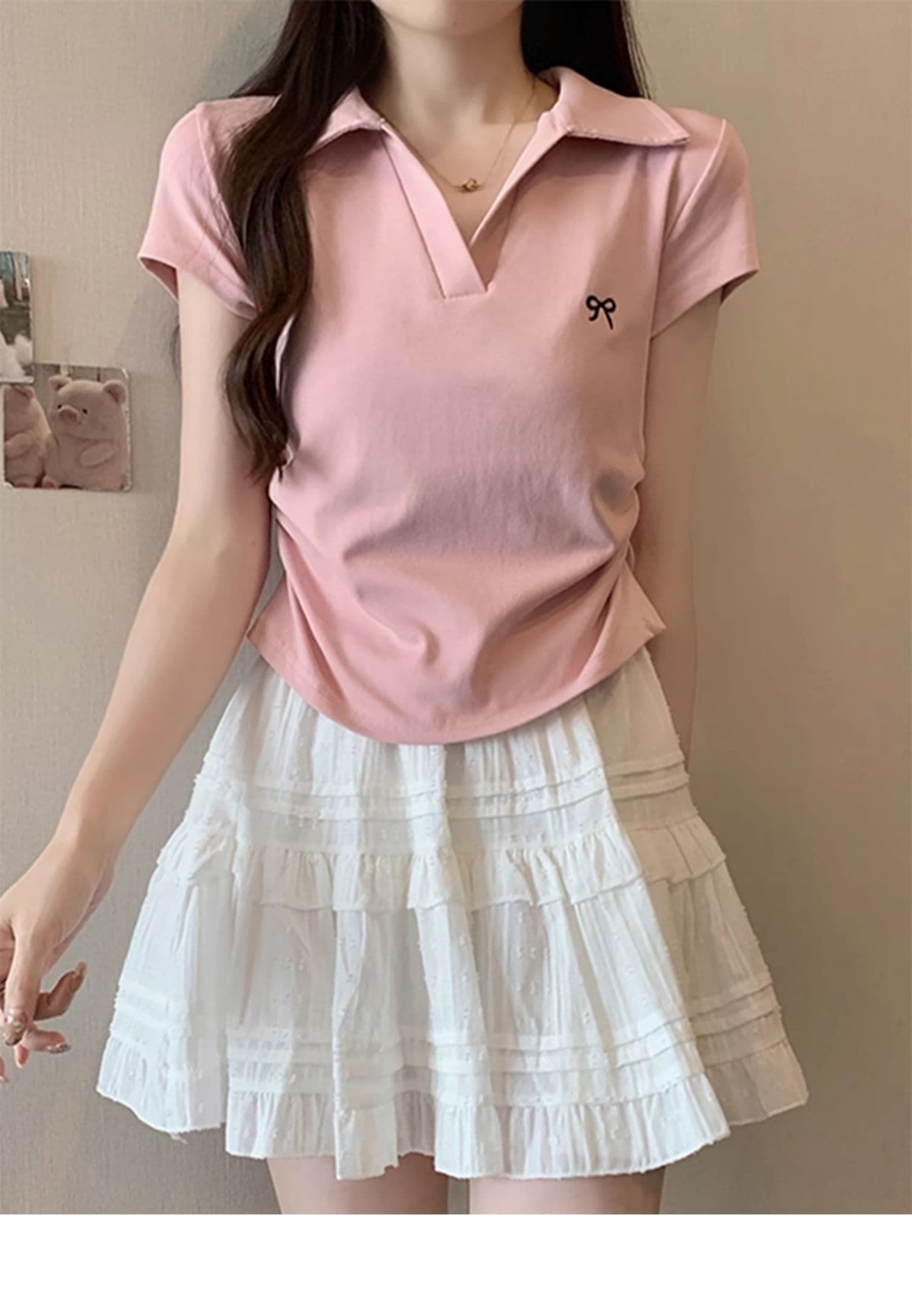 40 사람들 면 POLO 칼라 나비 핑크색 주름 허리 수축 달콤한 매운맛 긍정적 인 어깨 아름다운 새로운 맨위 상세 이미지 6