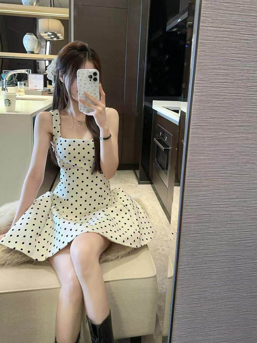 정장 원단 같은 단락 디자인 센스 작은 키 화이트 도트 무늬 드레스 고급 센스 퍼프 미니 스커트 여성 상세 이미지 2