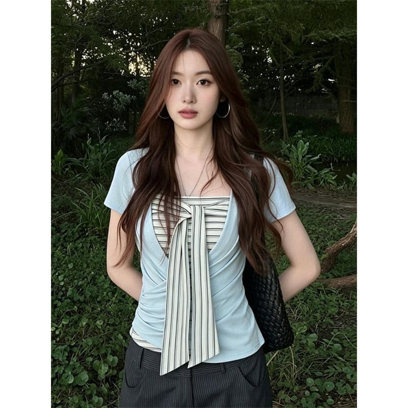 원본 것 한 부서 반팔 티셔츠 투피스 슈트 여성 여름 스트라이프 튜브탑 조끼 몸매 가꾸기 디스플레이 맨위 이미지 4