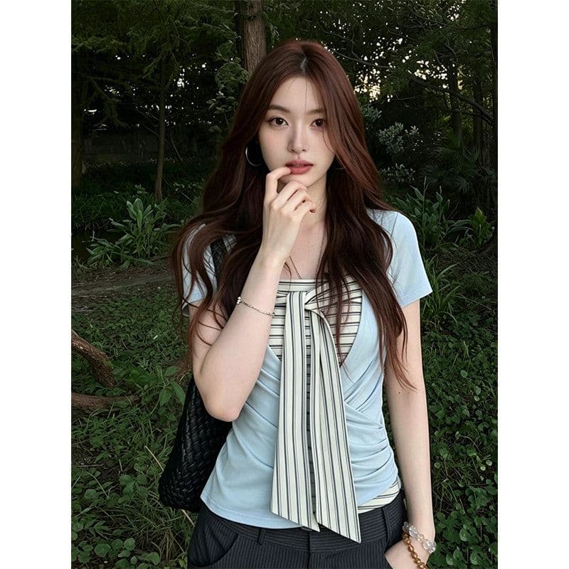 원본 것 한 부서 반팔 티셔츠 투피스 슈트 여성 여름 스트라이프 튜브탑 조끼 몸매 가꾸기 디스플레이 맨위 상세 이미지 4