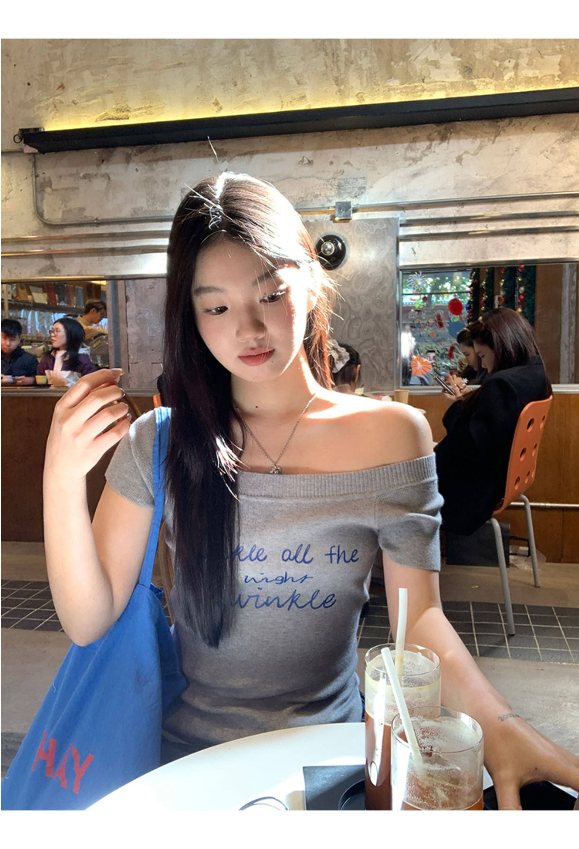 와 사고 방식 반팔 티셔츠 여성 여름 비스듬한 어깨 회색 한 부서 오프숄더 디자인 센스 오프숄더 맨위 상세 이미지 3