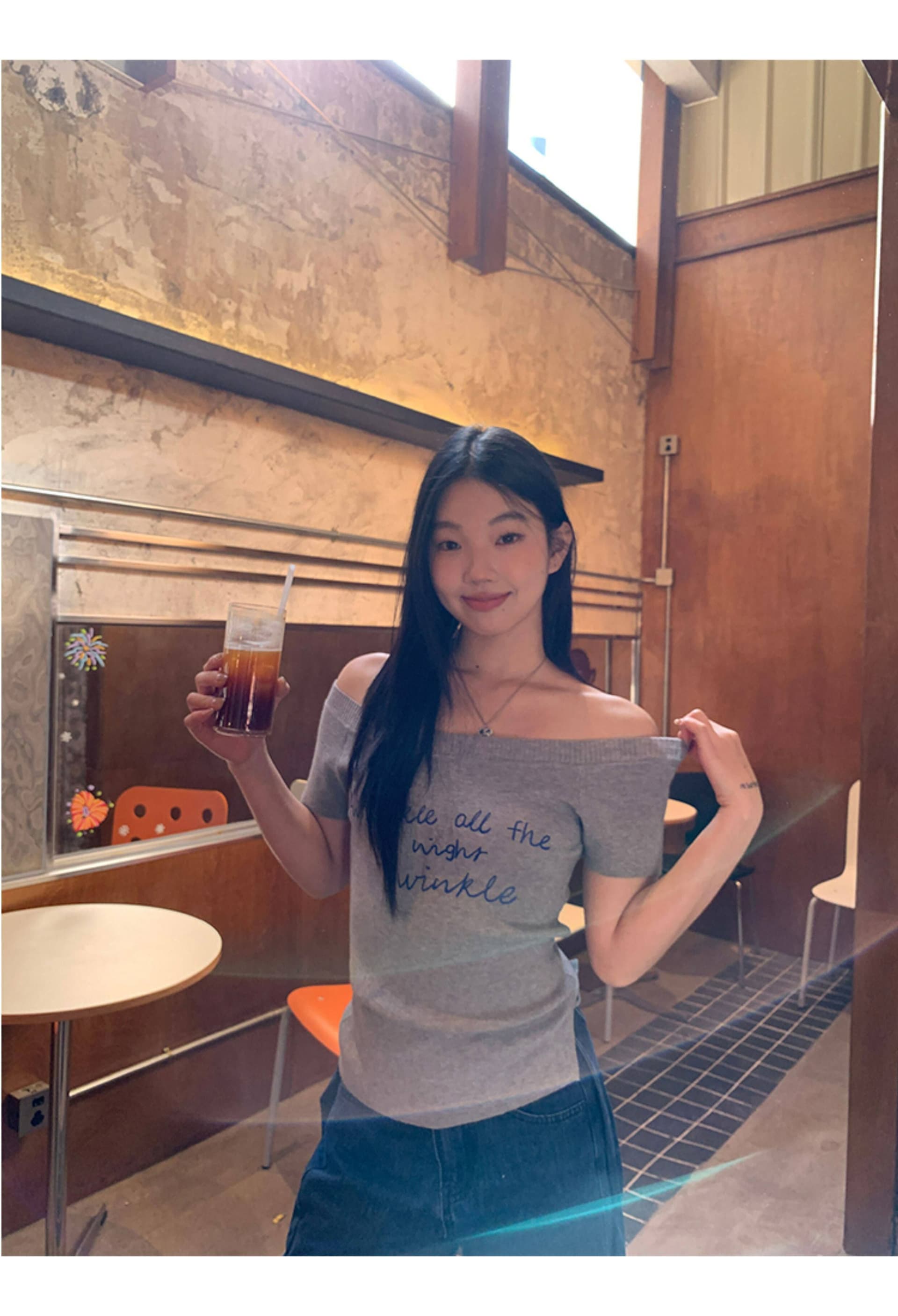 와 사고 방식 반팔 티셔츠 여성 여름 비스듬한 어깨 회색 한 부서 오프숄더 디자인 센스 오프숄더 맨위 상세 이미지 13
