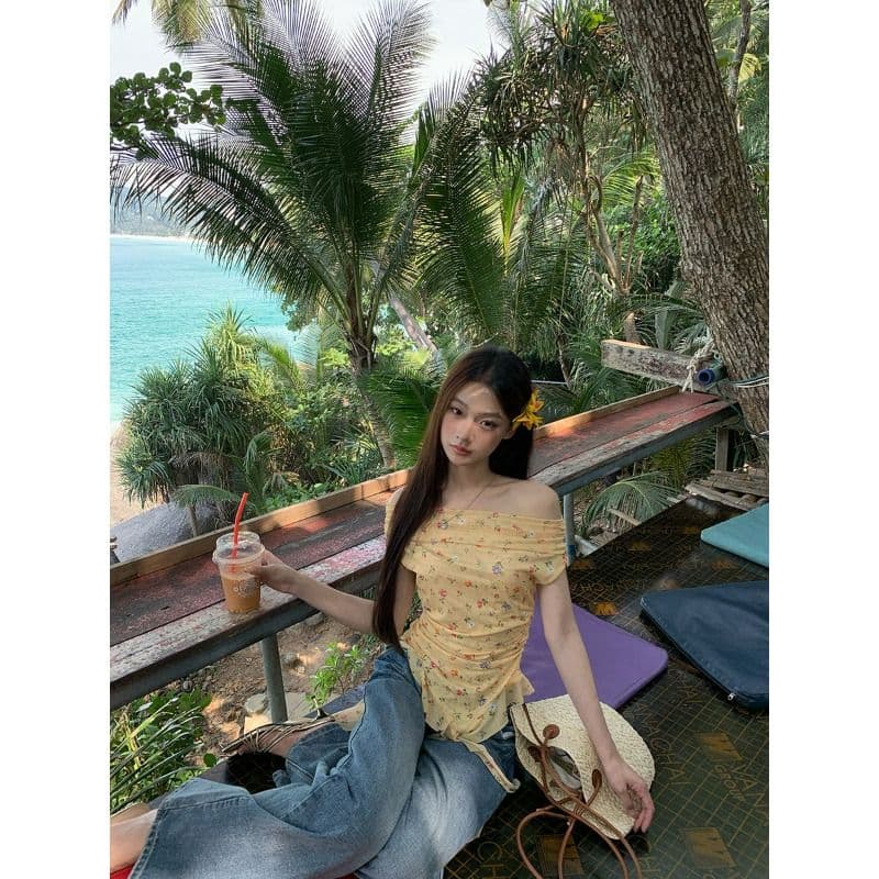 40d 메시 원단 반팔 티셔츠 여성 여름 폭발 오프숄더 꽃무늬 디자인 센스 고유 한 아름다운 작은 맨위 이미지 2