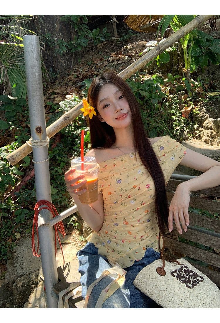 40d 메시 원단 반팔 티셔츠 여성 여름 폭발 오프숄더 꽃무늬 디자인 센스 고유 한 아름다운 작은 맨위 상세 이미지 3