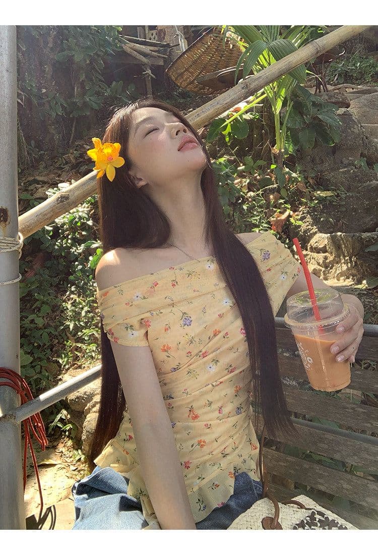 40d 메시 원단 반팔 티셔츠 여성 여름 폭발 오프숄더 꽃무늬 디자인 센스 고유 한 아름다운 작은 맨위 상세 이미지 4