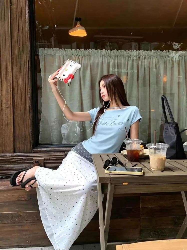 40 순면 한 부서 느긋한 핑크색 비스듬한 어깨 반팔 티셔츠 여성 여름 슬림해 보이는 핫걸 디자인 센스 오프숄더 맨위 상세 이미지 3