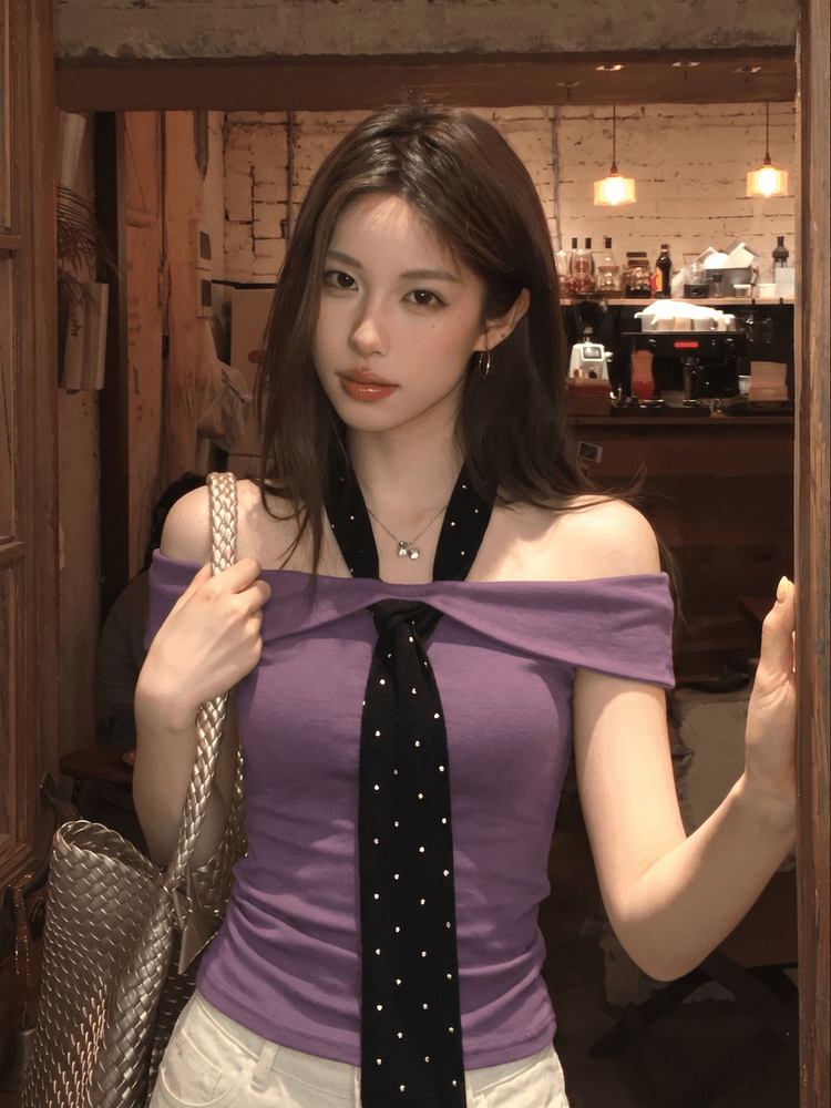 1 1 와 사고 방식 스노우 케이크 연인 순수한 욕망 핫걸 도트 무늬 넥타이 오프숄더 t 행침 목 디자인 주름 슬림해 보이는 맨위 이미지 4