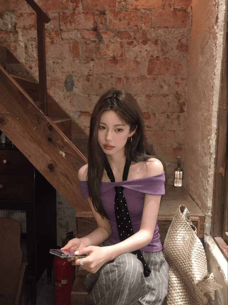 1 1 와 사고 방식 스노우 케이크 연인 순수한 욕망 핫걸 도트 무늬 넥타이 오프숄더 t 행침 목 디자인 주름 슬림해 보이는 맨위 상세 이미지 10
