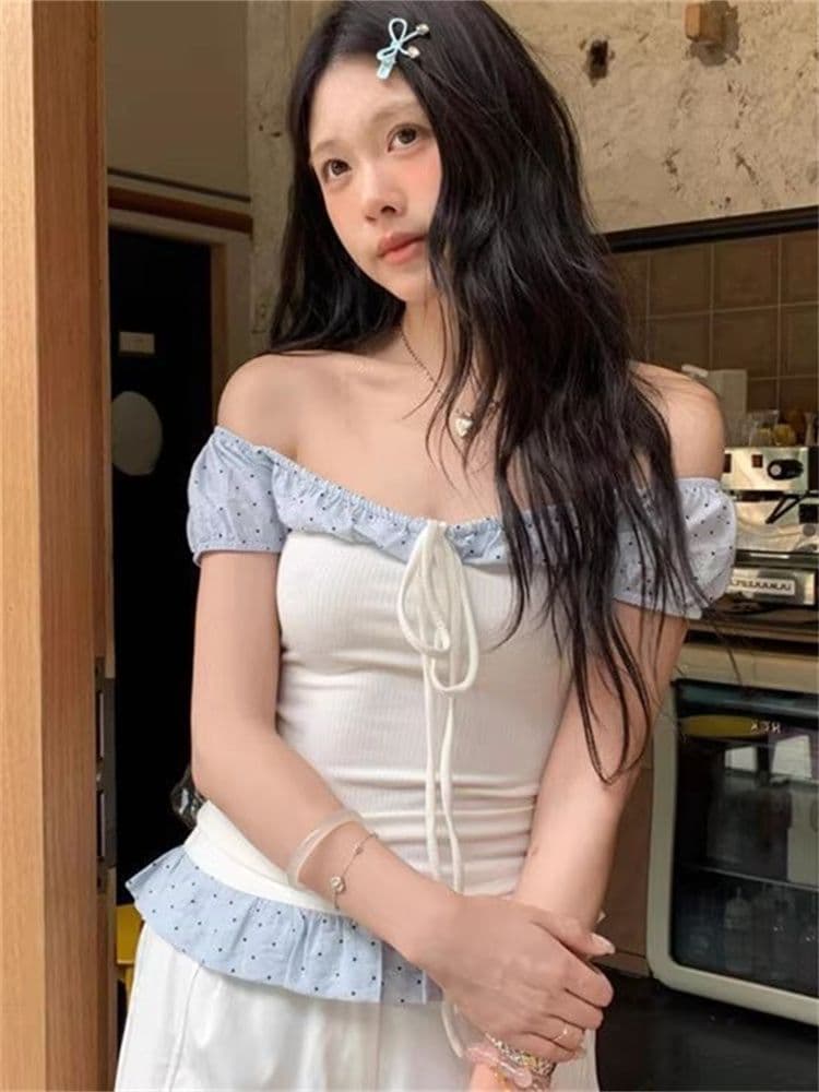 1 1 와 사고 방식 파란색 패치워크 레이스 생선뼈 오프숄더 여성 셔츠 여름 순수한 욕망 몸매 가꾸기 슬림해 보이는 오프숄더 맨위 상세 이미지 10