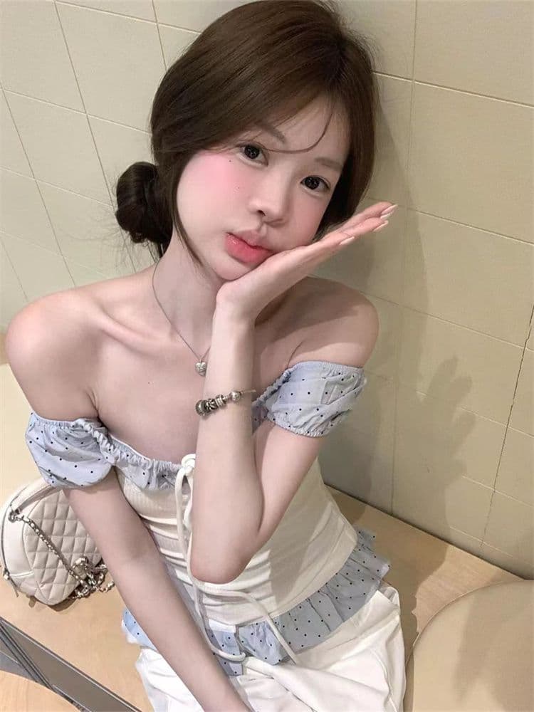 1 1 와 사고 방식 파란색 패치워크 레이스 생선뼈 오프숄더 여성 셔츠 여름 순수한 욕망 몸매 가꾸기 슬림해 보이는 오프숄더 맨위 상세 이미지 14